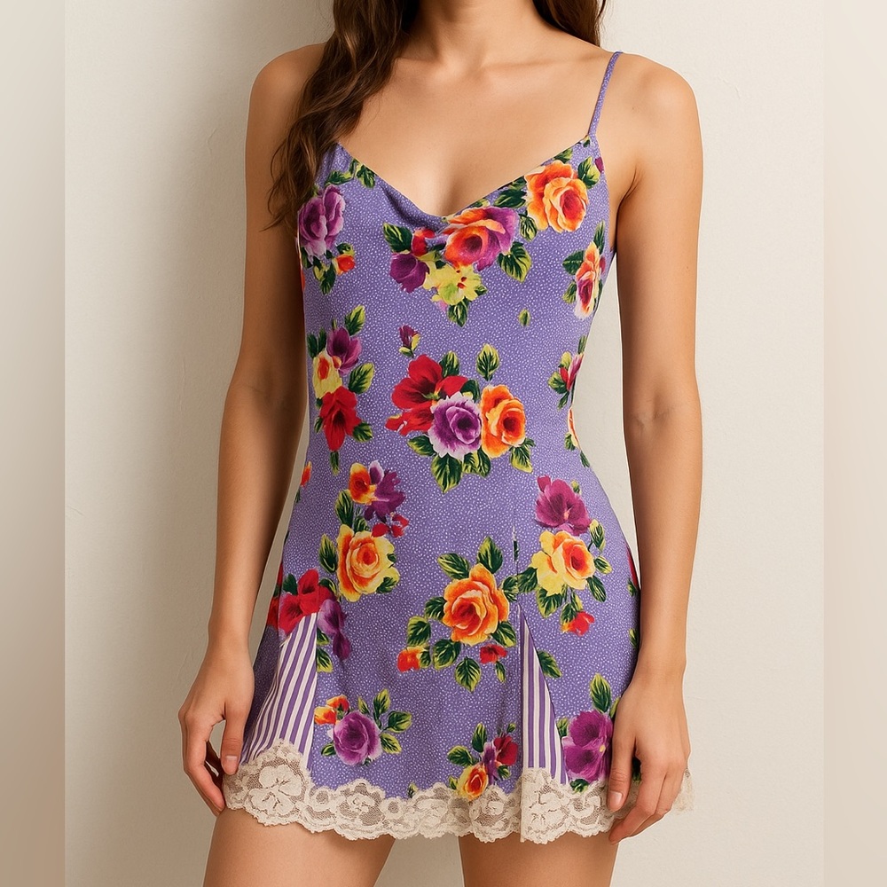 Vintage 90s Victoria's Secret Gold Label Floral Lace Trim Slip Dress Purple Sz S
